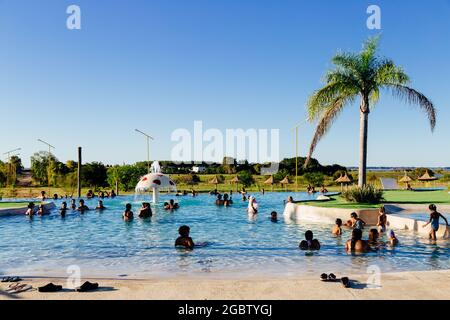FEDERACION, ENTRE RIOS, ARGENTINA - FEBRUARY 25, 2021: Aquatic Park of  Federacion. View of the main pool and waters games like a giant bucket and  the Stock Photo - Alamy