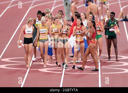 Tokyo, Japan. 5th Aug, 2021. Athletes react after the women's heptathlon at Tokyo 2020 Olympic Games, in Tokyo, Japan, Aug. 5, 2021. Credit: Li Gang/Xinhua/Alamy Live News Stock Photo