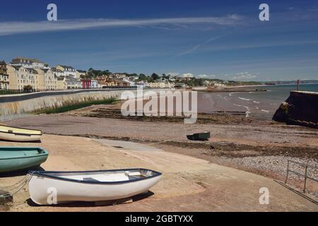 Boat Cove, Dawlish at low tide showing the new seawall between here and the railway station. (See note). Stock Photo