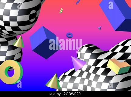 Abstract background with flying colorful 3D geometric shapes over vibrant gradient backdrop. Abstraction with checkered shape in 90s style. Stock Vector