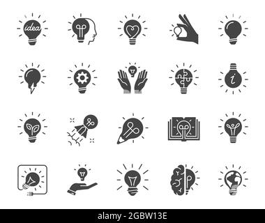 Vector set of icons of light bulbs with various symbols of creative thinking in glyph style. Stock Vector
