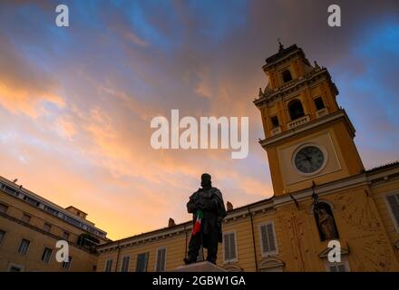 Palazzo del Governatore on Piazza Garibaldi in Parma with a rainbow Stock Photo