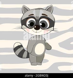 Little raccoon cub. Cheerful kind animal child. Cartoons flat style. Funny. Vector Stock Vector