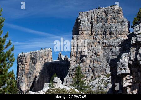 Cinque Torri with rock-climbing in a beautiful summer day Stock Photo