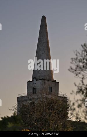 Beautiful closeup evening view of Killiney Obelisk and yellow gorse (Ulex) flowers growing everywhere in Ireland all the year round, Killiney Hill Stock Photo