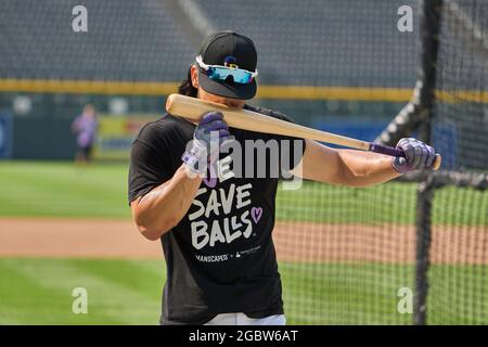 August 4 2021: Colorado Rockies outfielder Connor Joe (9) during batting  practice before the game with Colorado Rockies held at Coors Field in  Denver Co. David Seelig/Cal Sport Medi(Credit Image: © David