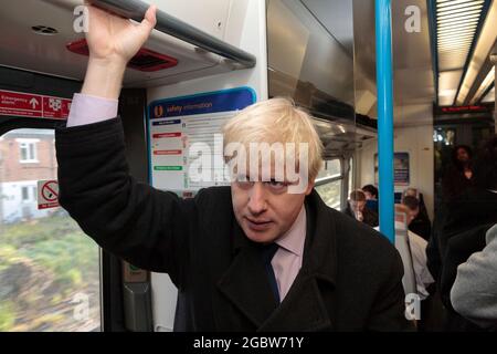 Boris Johnson, conservative candidate for Mayor of London traveling up to Waterloo East on 7.56 from Crayford. His journey was to see what traveling conditions are like rail for commuters coming from southern suburbs into central London.  London, UK.  25 Feb 2008 Stock Photo
