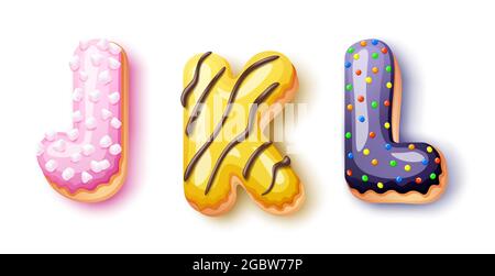 Donut icing upper latters - JKL Font of donuts. Bakery sweet alphabet. Donut alphabet latter DEF isolated on white background, vector illustration Stock Vector