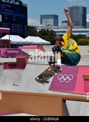 Tokyo, Japan. 05th Aug, 2021. Australia's Keegan Palmer performs in the Final during the Tokyo Olympics Men's Park Skateboarding at the Ariake Urban Sports Park in Tokyo, Japan on Thursday, August 5, 2021. Photo by Keizo Mori/UPI Credit: UPI/Alamy Live News Stock Photo