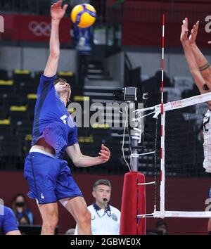 Tokyo, Japan. 5th Aug, 2021. Jean Patry of France competes during the men's volleyball semifinal between France and Argentina at the Tokyo 2020 Olympic Games in Tokyo, Japan, Aug. 5, 2021. Credit: Ding Ting/Xinhua/Alamy Live News Stock Photo