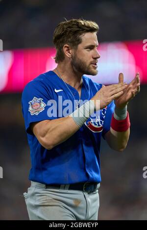 August 4 2021: Chicago Cubs third baseman Patrick Wisdom (16) smiles after  the game with the