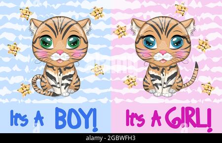Baby Shower greeting card with Cute boy and girl. Black footed cat with beautiful eyes in cartoon style, colorful illustration for children. Felis nig Stock Vector