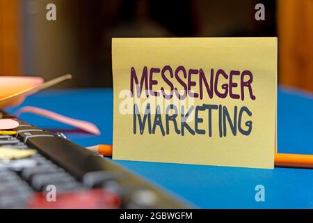 Text sign showing Messenger Marketing. Business showcase act of marketing to your customers using a messaging app Multiple Assorted Collection Office Stock Photo