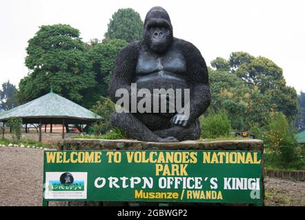 Entrance sign to office of Parc National des Volcans (Volcanoes National Park) to view Mountain Gorillas, Rwanda. Stock Photo