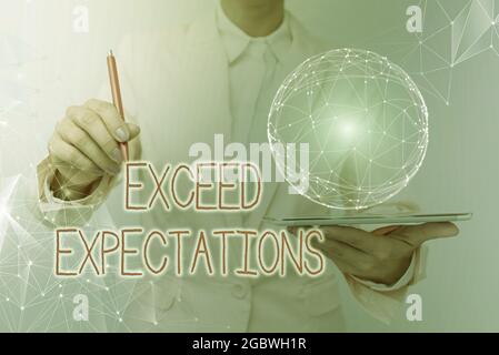 Conceptual caption Exceed Expectations. Internet Concept able to surpass or beyond the acceptable performance Woman In Suit Holding Tablet With Stock Photo