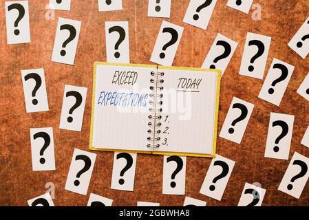 Text caption presenting Exceed Expectations. Word for able to surpass or beyond the acceptable performance Progress In Solving Problems Breakthrough Stock Photo