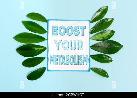 Text showing inspiration Boost Your Metabolism. Word for body process uses to make and burn energy from food Nature Theme Presentation Ideas And Stock Photo