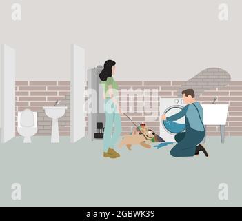 plumber Repairman with toolbox explain the laundry machine problem to female house owner in the basement, flat vector illustration scene set. Stock Vector