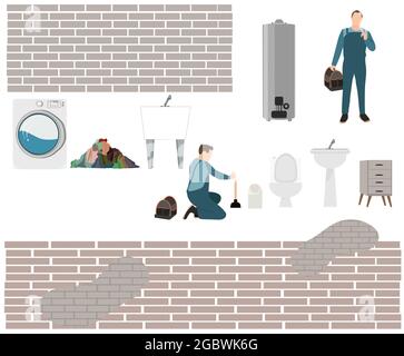 Plumbing service, flat vector illustration Worker scene set. laundry machine, toilet and plumber supply. Stock Photo