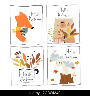 Four Little Illustration with Funny Cartoon Animals meeting Autumn Stock Vector