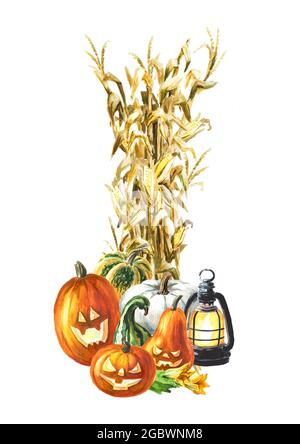 Autumn decoration made of dried corn stalks, Halloween pumpkins and lantern. Hand drawn watercolor illustration, isolated on white background Stock Photo