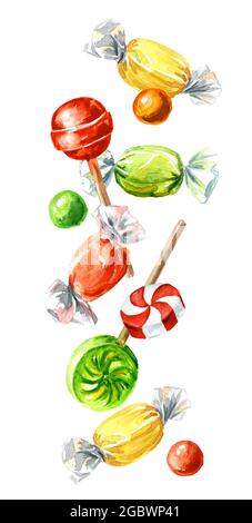 Falling Candies lollipops. Hand drawn watercolor illustration, isolated on white background Stock Photo