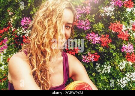 beautiful background with muscat flowers and woman face. Stock Photo