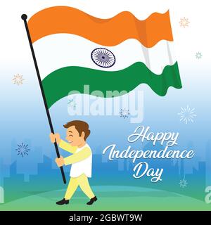 Illustration of Independence day of India. In this poster young man walking on the road holding an Indian flag Stock Vector