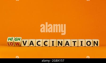 High or low vaccination symbol. Turned wooden cubes and changed words 'low vaccination' to 'high vaccination'. Beautiful orange background, copy space Stock Photo