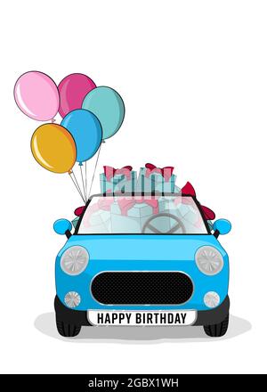 Cute blue car with gifts and balloons. Suitable for posters, prints, and cards. Stock Vector