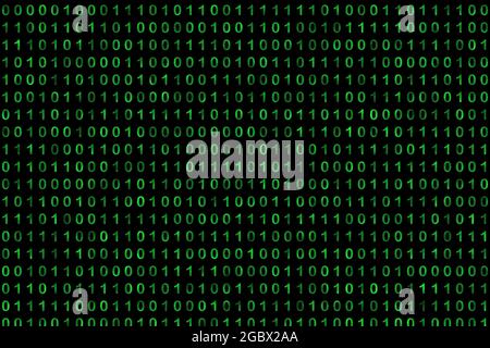 binary code grid from bright green digits on black background, matrix style Stock Photo
