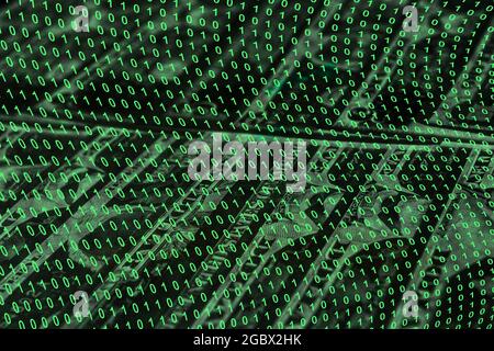binary code grid from bright green numbers on the background of dollar banknotes, e-commerce concept Stock Photo