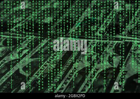 binary code grid from bright green numbers on the background of dollar banknotes, e-commerce concept Stock Photo