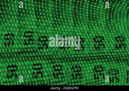 binary code grid from bright green numbers on the background of euro banknotes, e-commerce concept Stock Photo