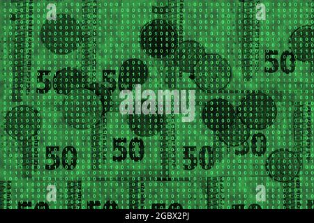 binary code grid from bright green numbers on the background of euro banknotes, e-commerce concept Stock Photo