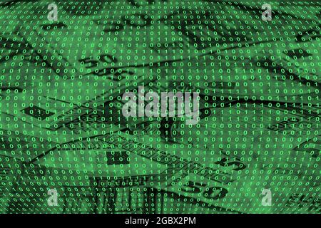 binary code grid from bright green numbers on the background of euro banknotes, e-commerce concept Stock Photo
