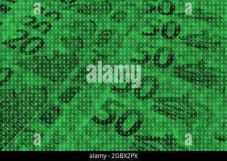 binary code grid from bright green numbers on the background of euro banknotes, e-commerce concept Stock Photo