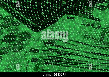 binary code grid from bright green numbers on the background of euro banknotes, e-commerce concept Stock Photo
