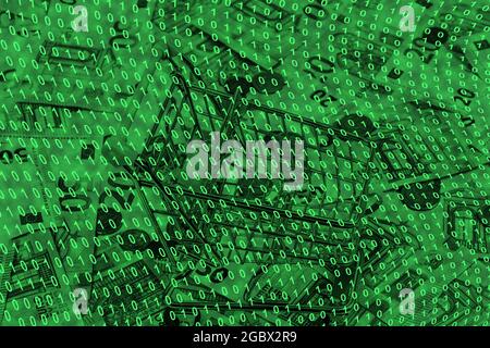 binary code grid from bright green numbers on the background of euro banknotes, e-commerce concept Stock Photo