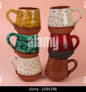 coffee mugs isolated on pink background Stock Photo