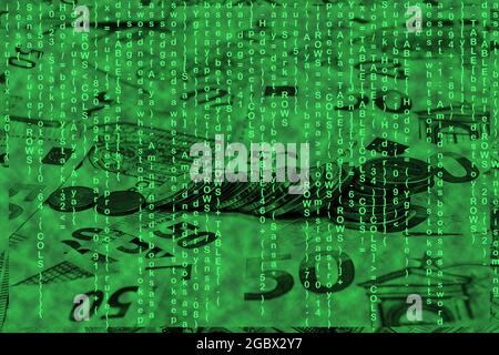 binary code grid from bright green numbers on the background of euro banknotes, e-commerce concept Stock Photo