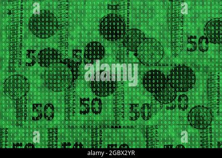 binary code grid from bright green numbers on the background of euro banknotes, e-commerce concept Stock Photo