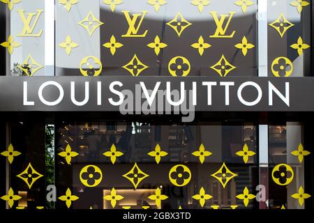 Facade of Louis Vuitton store outside the Miami Design District in Miami, Florida. Luxury shopping center and store.