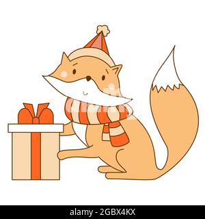 Red Fox in a scarf and a hat with a big gift. Winter character - A cute wild animal in clothes. Vector illustration. For childrens collection, print, Stock Vector