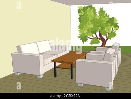 garden patio vector illustration. outdoor furniture groop Stock Vector