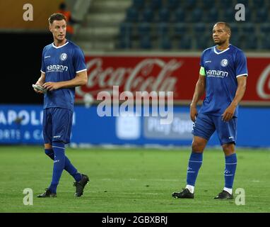 Gent's Bruno Godeau and Gent's Vadis Odjidja-Ofoe pictured after a game between Belgian soccer team KAA Gent and Latvian club FK RFS, Thursday 05 Augu Stock Photo