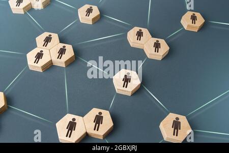 People are corporating on a single network. Delegation of work and responsibilities. Decentralized networking. Teamwork cooperation. Functioning of de Stock Photo