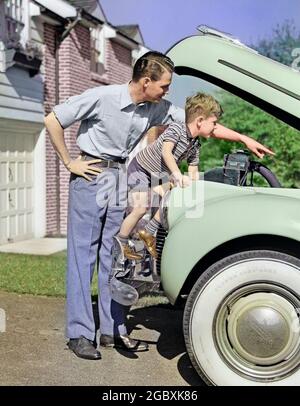 1940s MAN FATHER AND BOY SON CHECKING UNDER HOOD OF CAR IN DRIVEWAY IN FRONT OF SUBURBAN HOUSE - m1151c HAR001 HARS SUBURBAN COLOR RELATIONSHIP OLD TIME ARCHIVE NOSTALGIA OLD FASHION AUTO 1 DRIVEWAY SHORTS JUVENILE COMMUNICATION MOTOR VEHICLE ENGINE YOUNG ADULT INFORMATION RAISED SONS HOOD POINT PARENTING RELATION SHOWING TIRE HOME LIFE TRANSPORT LEARN STRIPE COPY SPACE FRIENDSHIP FULL-LENGTH PERSONS AUTOMOBILE CARING MALES AMERICANA FIXING TRANSPORTATION FATHERS PATERNAL PROTECTIVE BOND SINGLE PARENT SINGLE PARENTS DEVOTION FATHERHOOD PROTECT PROTECTING HAPPINESS DISCOVERY ARCHIVAL AUTOS Stock Photo