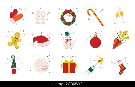 Vector multicolor icons Christmas and New Year concept - gift, snowman, wreath, snowflake, champagne, gingerbread man, Christmas tree, Christmas candy Stock Vector