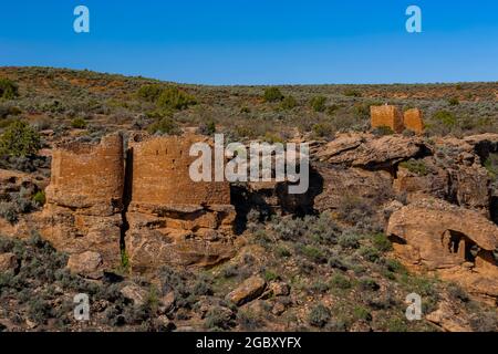 Twin Towers built by Ancient Puebloans in Little Ruin Canyon of Hovenweep National Monument, Utah, USA Stock Photo